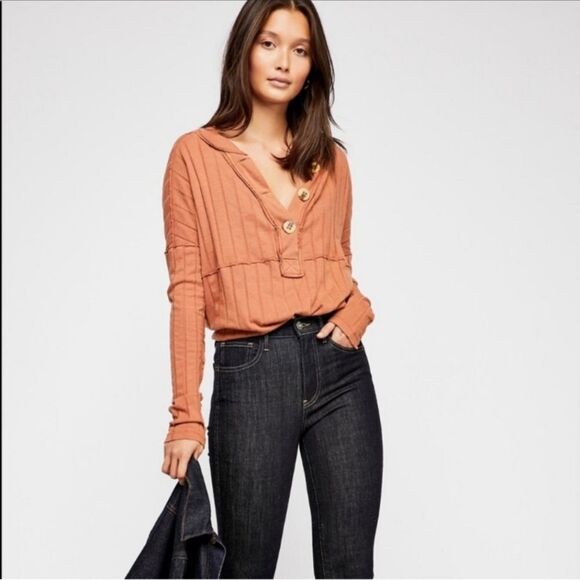 Free People In The Mix Henley Ribbed Long Sleeve Shirt Size Large - Picture 1 of 10
